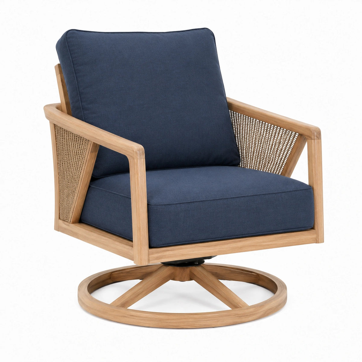 Drehsessel 78 x 82 x 88 cm aus Holz und Rattan in Naturblau mit gepolstertem Sitz im modernen Stil