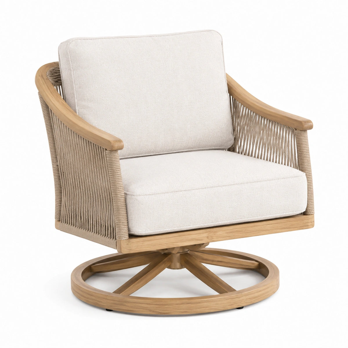 Gartendrehsessel 80 x 82 x 85 cm aus Holz und Kordelgeflecht in Beige Natur drehbar
